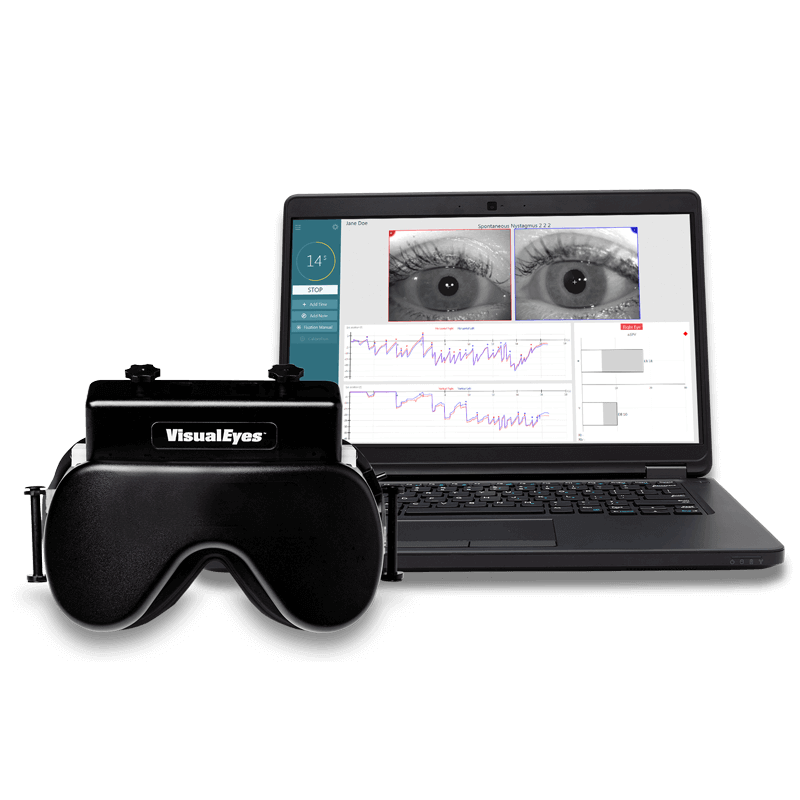 Interacoustics VisualEyes 515/525, et balance test system med en stor skærm, der viser auditive data, og en patientstol