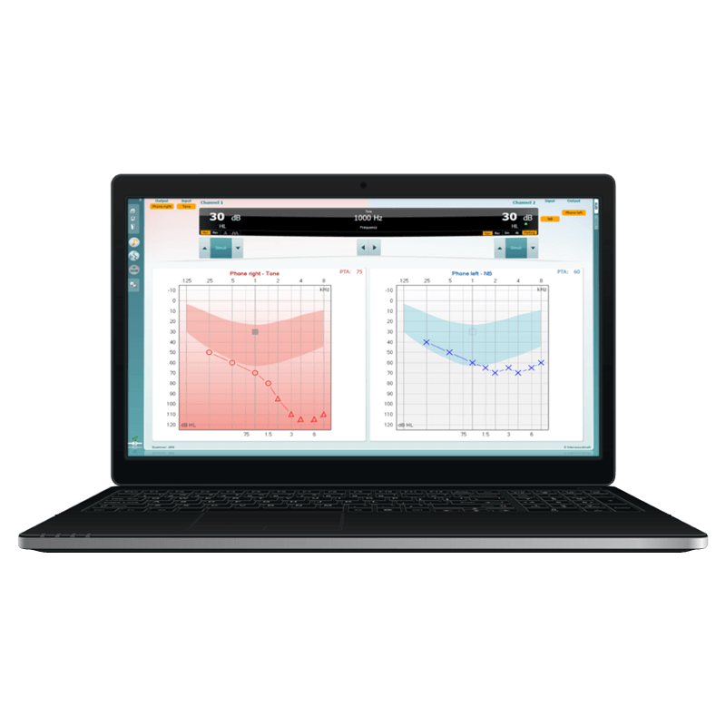 Skærmbillede af Interacoustics software suites, der viser forskellige auditive data og analyseværktøjer