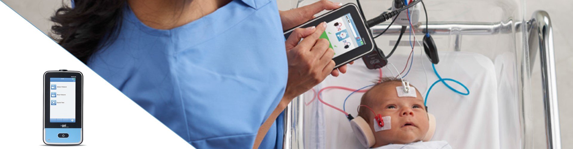 Krankenschwester, die ABR-Tests an einem Säugling mit dem GSI Novus durchführt