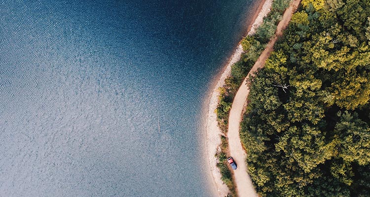 An aerial-view image of a road that sits between the forest and the ocean beach. A small car is parked to the side of the road.