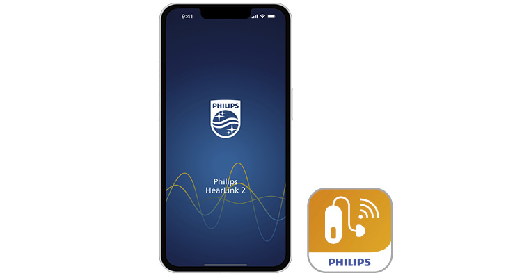 A mobile phone with Philips HearLink 2 app open is placed next to the app icon