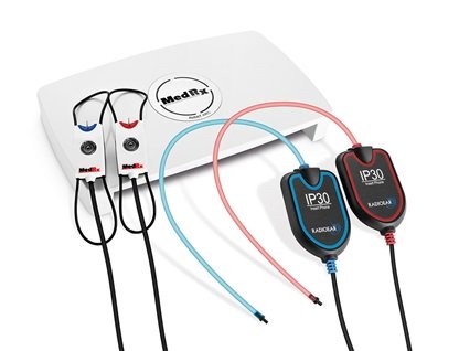 The AVANT ARC audiometer/REM combination. A small white device with probe microphones for testing.