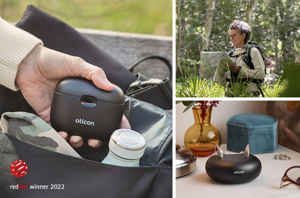 boite de rechargeable oticon noire et femme se baladant dans la foret