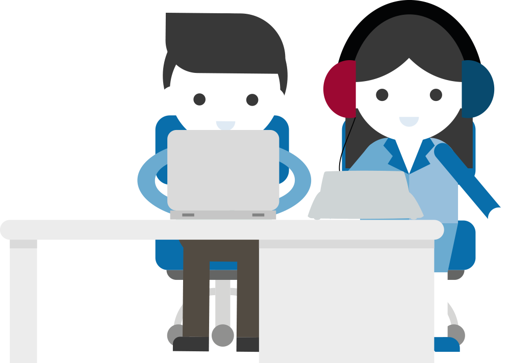 Graphic of two people behind a desk testing audiological equipment