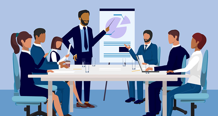 Animation of a man wearing Philips Hearlink hearing aids doing a presentation at work