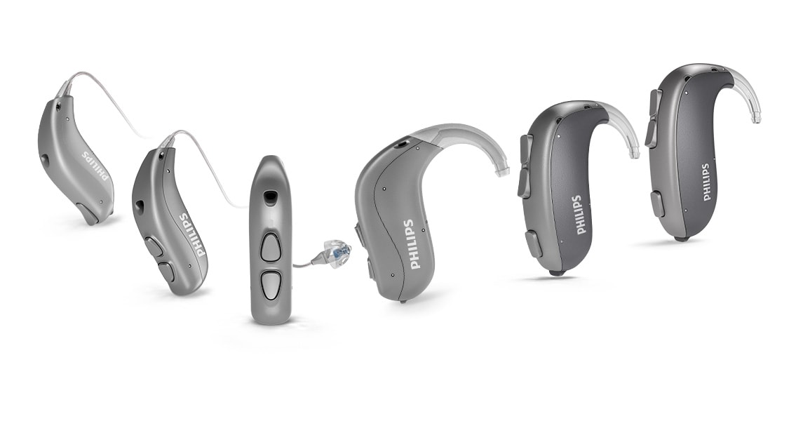 Descripción general de todos los aparatos auditivos Philips HearLink detrás de la oreja.