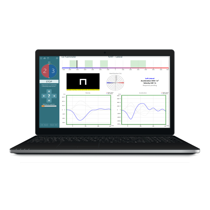 Ordinateur portable affichant l’écran du logiciel Functional Vision Head Impulse Test.