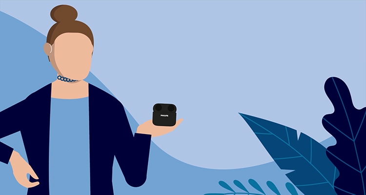 Animation of a woman holding a small black charger for Philips HearLink