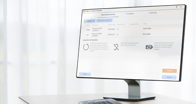 전문가용 필립스 히어스위트(HearSuite) 스크린샷으로 필립스 펌웨어 업데이터를 보여줍니다. 필립스 히어링크(HearLink) 보청기룰 위한 피팅 소프트웨어. 