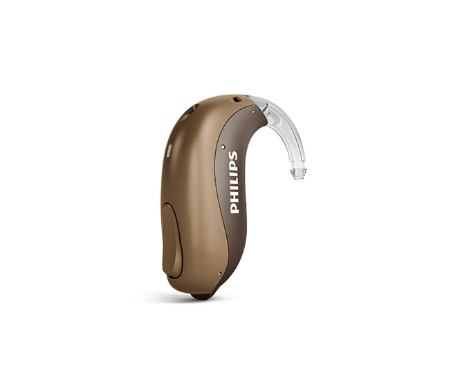 Se ett exempel på ej laddningsbara Philips HearLink mini BTE-hörapparater, även kallade miniBTE T från Philips Hearing Solutions