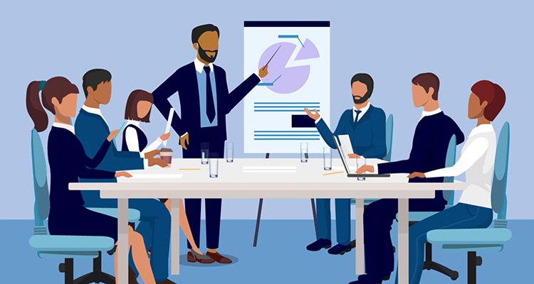 Animation of a man wearing Philips Hearlink hearing aids doing a presentation at work