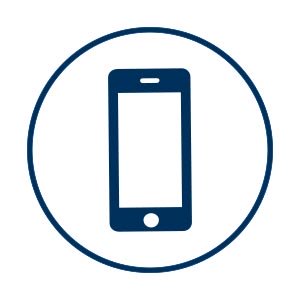 A dark blue icon with a mobile phone is placed on a white background