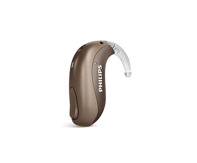 Philips İşitme Çözümlerinde, miniBTE T R olarak da adlandırılan Philips HearLink şarj edilebilir mini kulak arkası işitme cihazlarının bir örneğini görün