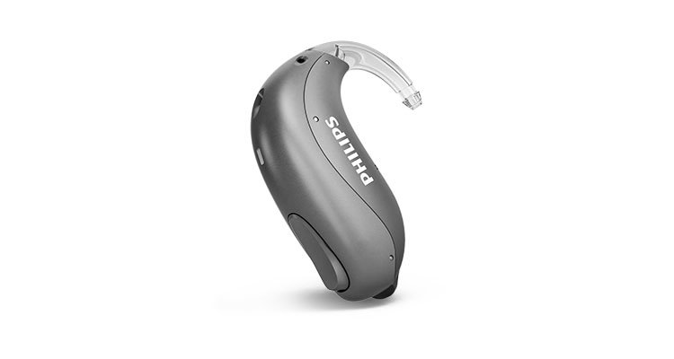 Philips İşitme Çözümlerinde, miniBTE T olarak da alandırılan, şarj edilmeye ihtiyaç duymayan Philips HearLink mini kulak arkası işitme cihazlarının bir örneğini görün